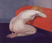 Felix Vallotton Nude Kneeling against a red sofa France oil painting artist